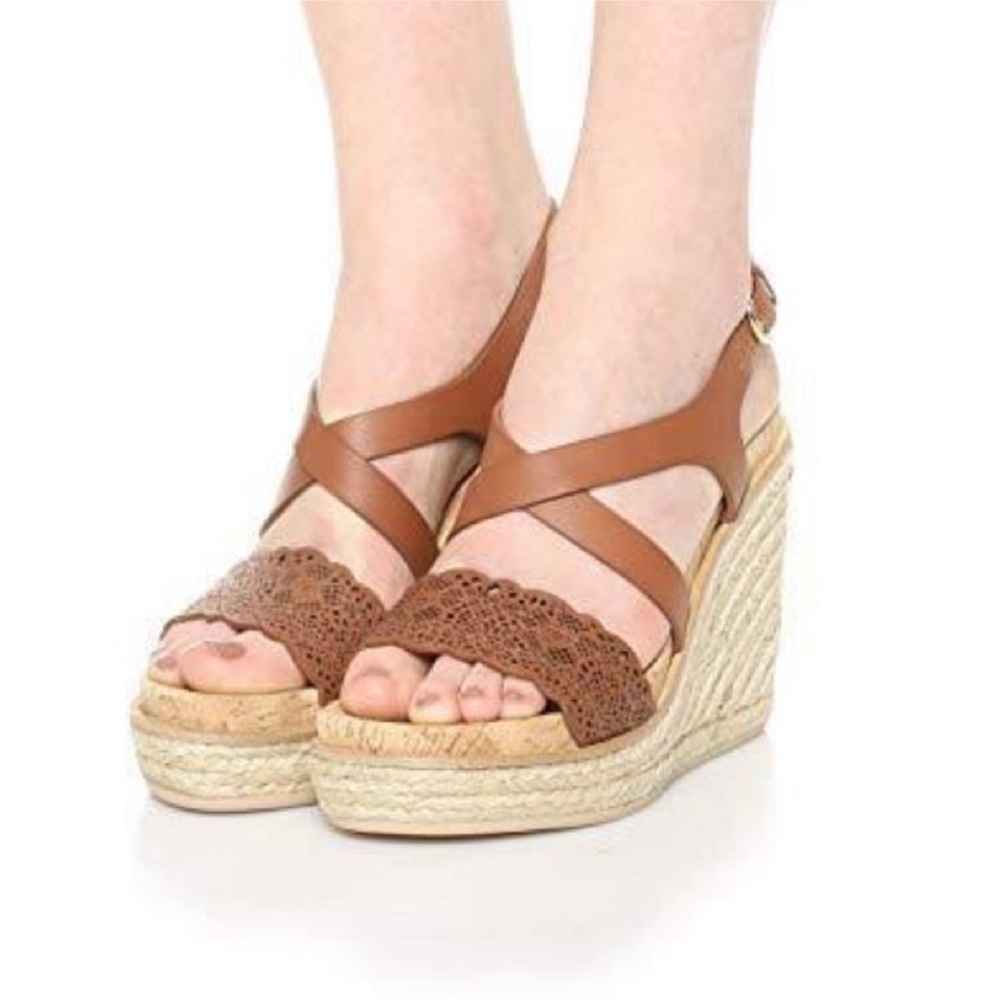 Salvatore Ferragamo Gioela Laser Cut Platform Leather Raffia Wedge Sandals 10